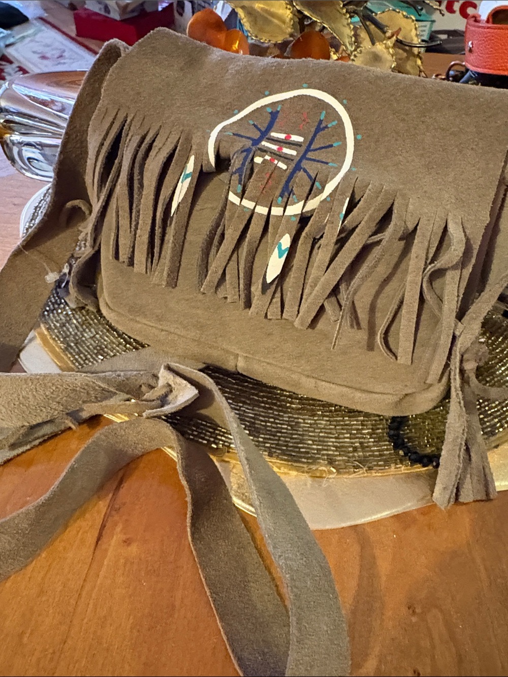 Taupe Suede Fringe Crossbody Bag with Dreamcatcher Accent leather